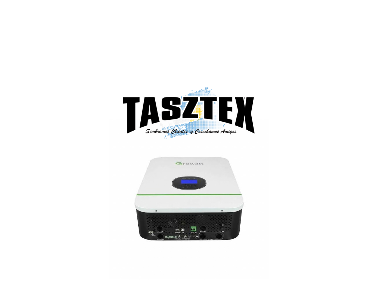 Inversor OFF-GRID/Cargador, Growatt SPF3000TL-HVM-48, Onda Senoidal Pura, 3000W/3000VA; Bat: 48VDC, PV Max: 1 MPPT-1800W/145V. Entrada Aux/Cargador 220VAC. Teclado Táctil de configuración.